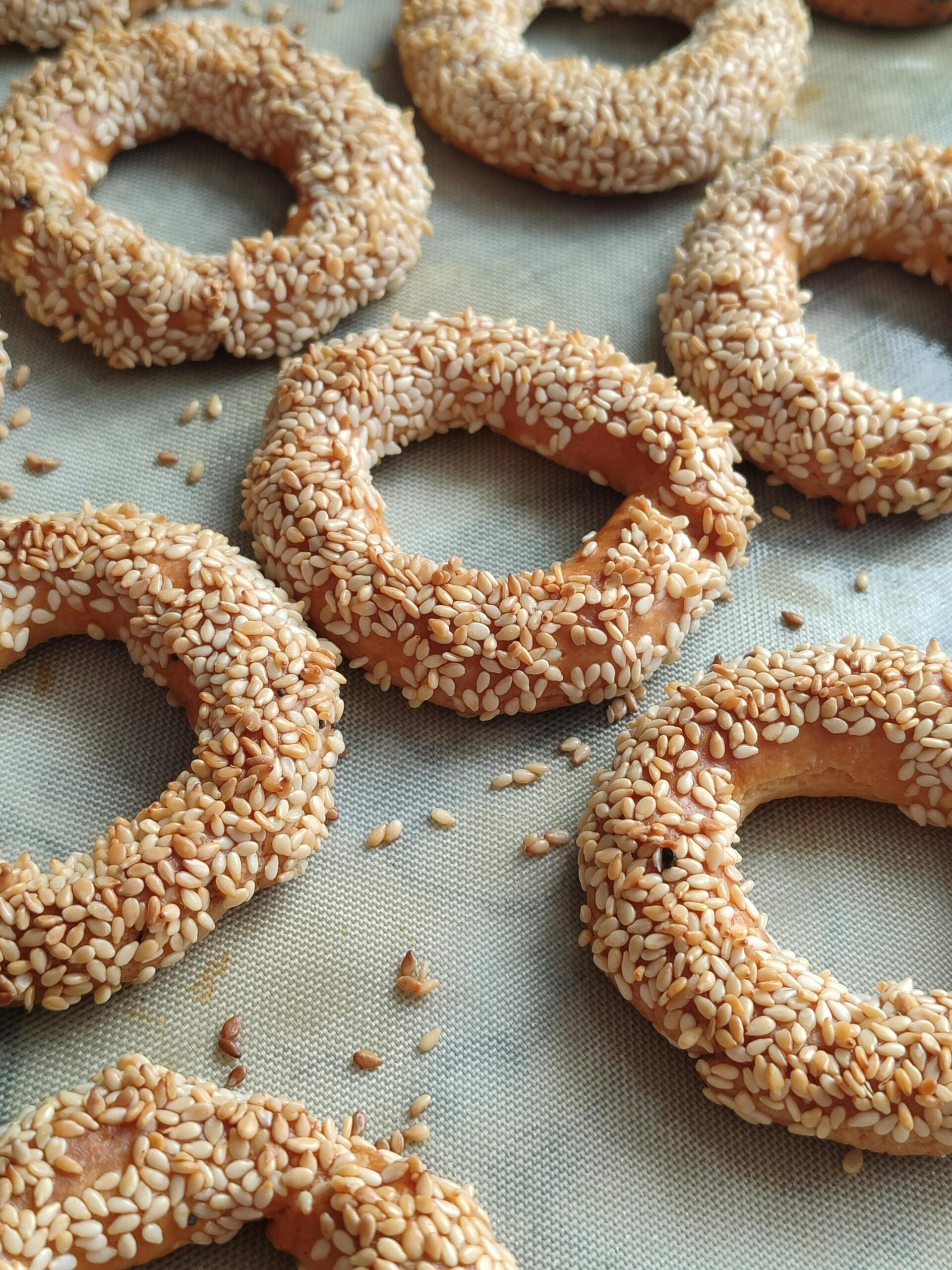 Golden sesame-coated bagels freshly baked and arranged on a baking sheet.